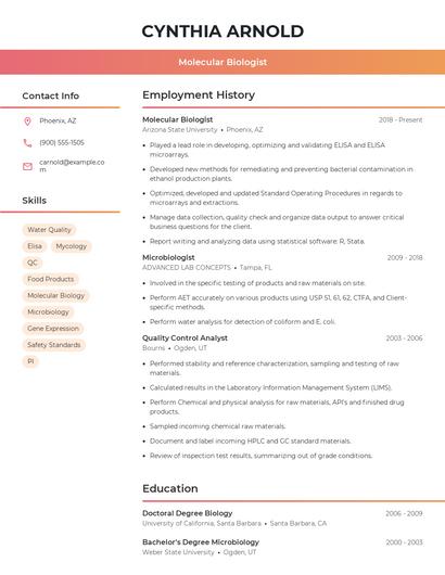 Molecular Biologist Resume