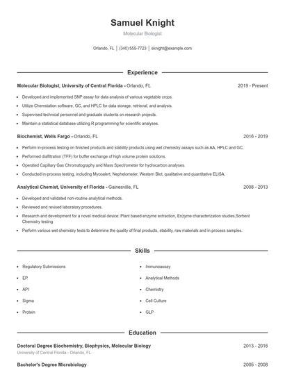 Molecular Biologist Resume