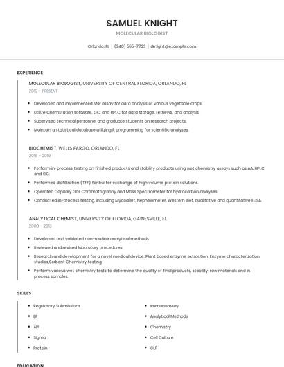 Molecular Biologist Resume