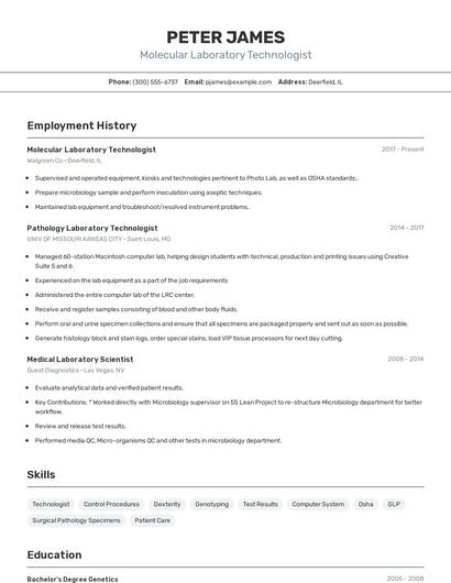 Molecular Laboratory Technologist Resume