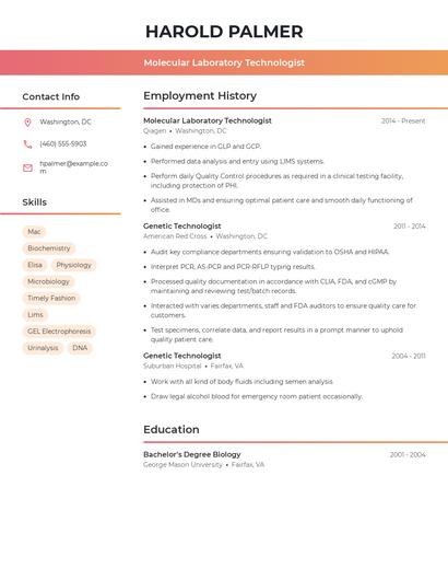 Molecular Laboratory Technologist Resume