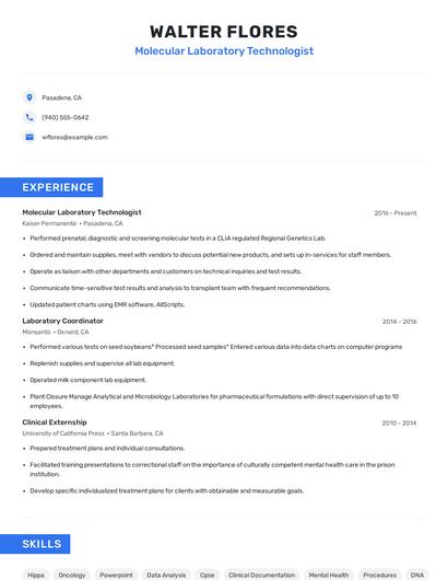 Molecular Laboratory Technologist Resume