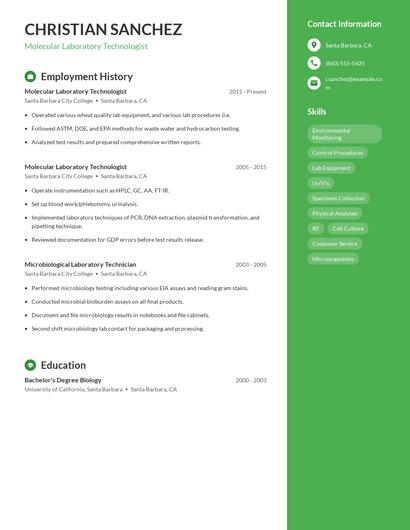 Molecular Laboratory Technologist Resume