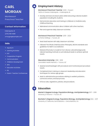 Montessori Preschool Teacher Resume