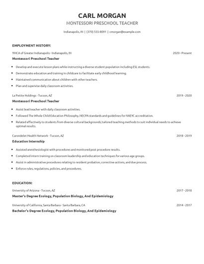 Montessori Preschool Teacher Resume