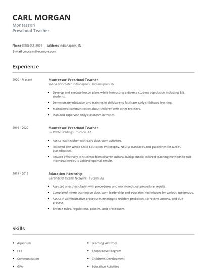 Montessori Preschool Teacher Resume