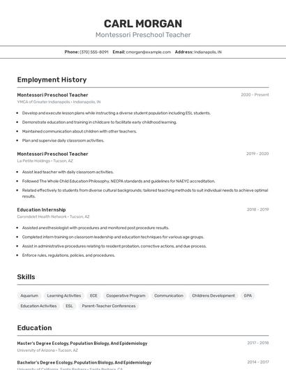 Montessori Preschool Teacher Resume
