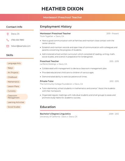 Montessori Preschool Teacher Resume