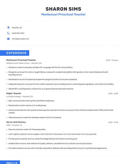 Montessori Preschool Teacher Resume