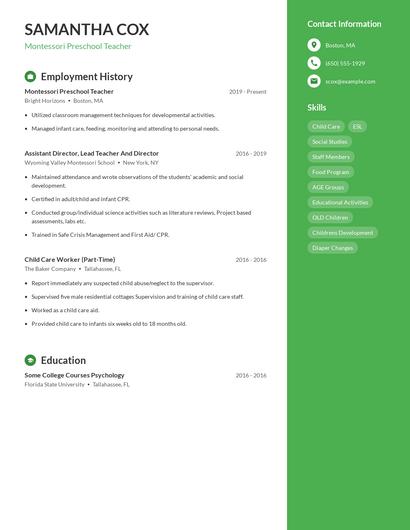 Montessori Preschool Teacher Resume