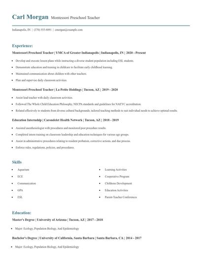 Montessori Preschool Teacher Resume