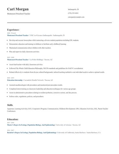 Montessori Preschool Teacher Resume