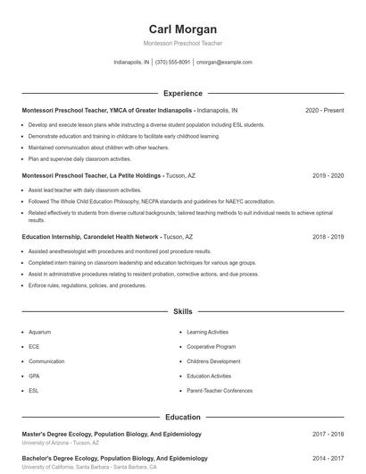 Montessori Preschool Teacher Resume