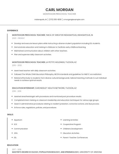 Montessori Preschool Teacher Resume