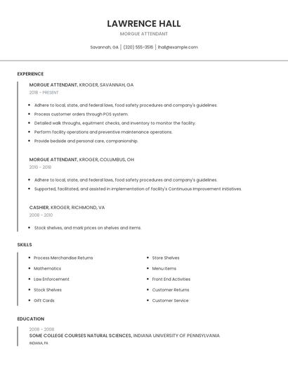 Morgue Attendant Resume