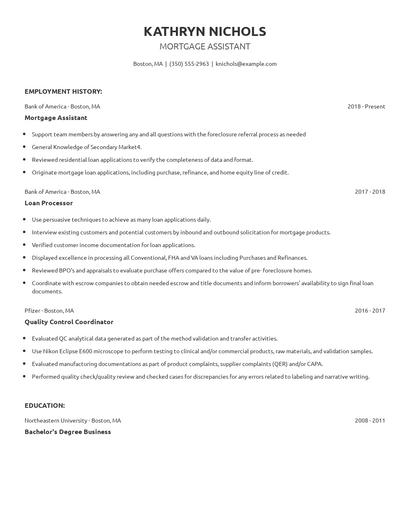 Mortgage Assistant Resume