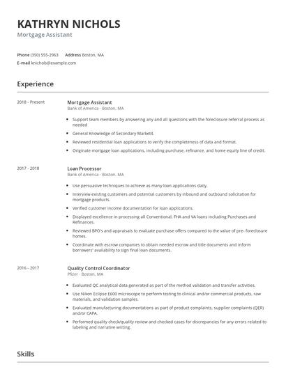 Mortgage Assistant Resume