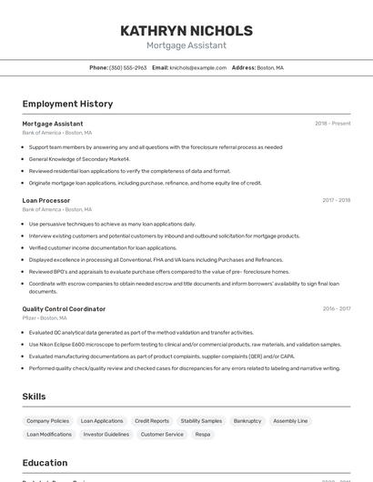 Mortgage Assistant Resume