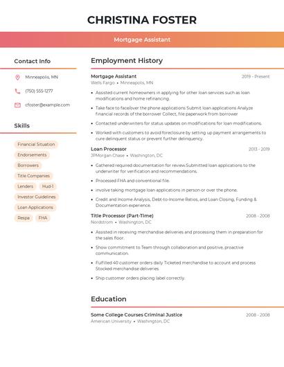 Mortgage Assistant Resume