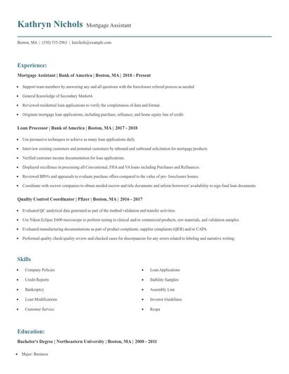 Mortgage Assistant Resume