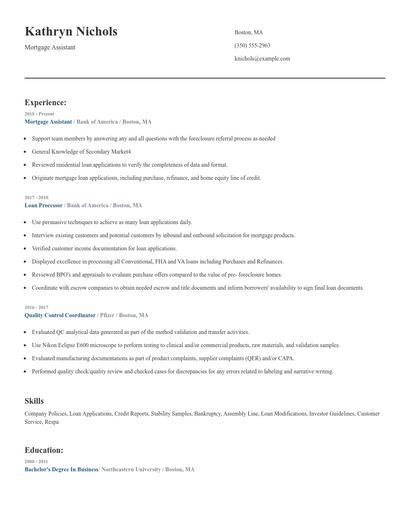Mortgage Assistant Resume