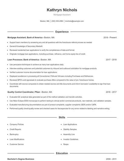 Mortgage Assistant Resume