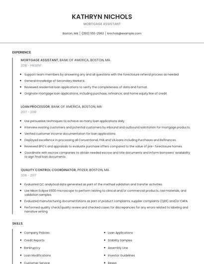 Mortgage Assistant Resume