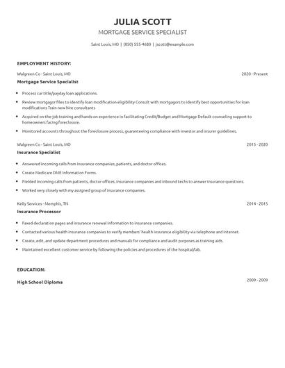 Mortgage Service Specialist Resume
