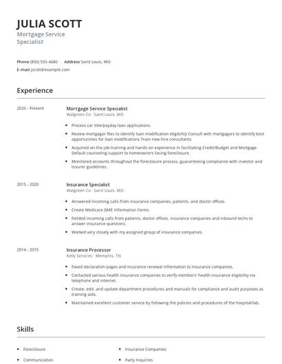 Mortgage Service Specialist Resume