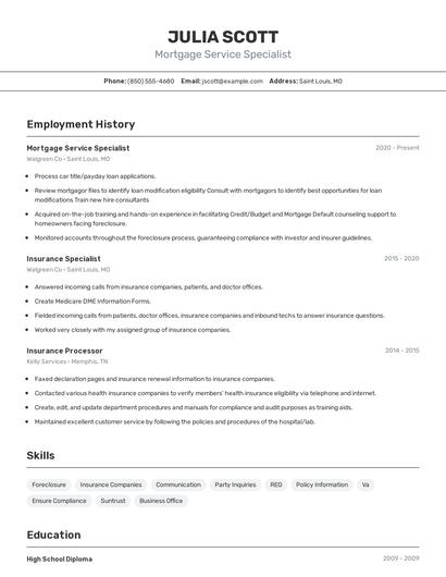 Mortgage Service Specialist Resume