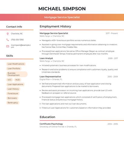 Mortgage Service Specialist Resume