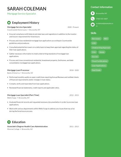 Mortgage Service Specialist Resume