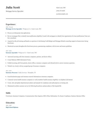 Mortgage Service Specialist Resume