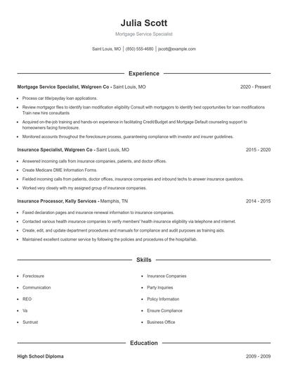 Mortgage Service Specialist Resume