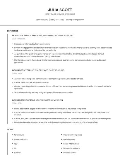 Mortgage Service Specialist Resume