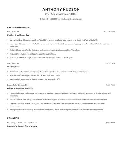 Motion Graphics Artist Resume