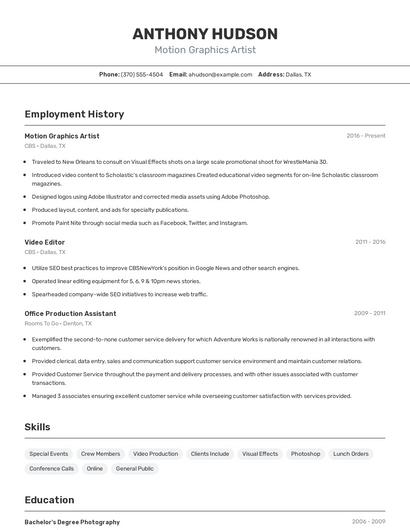 Motion Graphics Artist Resume