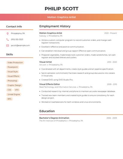 Motion Graphics Artist Resume