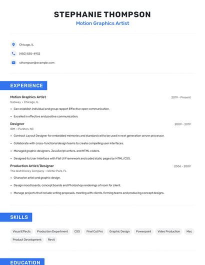Motion Graphics Artist Resume