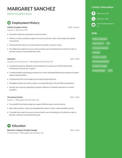 Motion Graphics Artist Resume