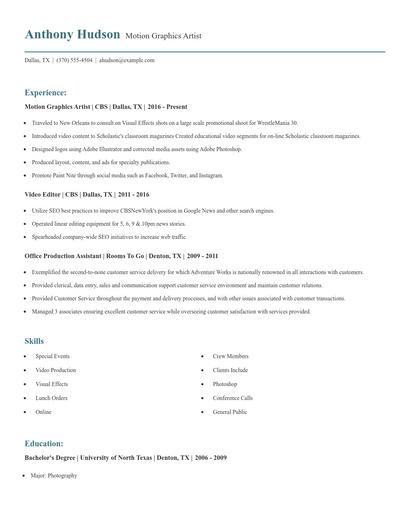 Motion Graphics Artist Resume