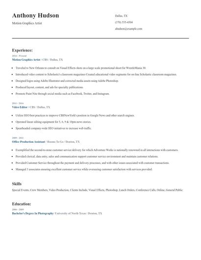 Motion Graphics Artist Resume