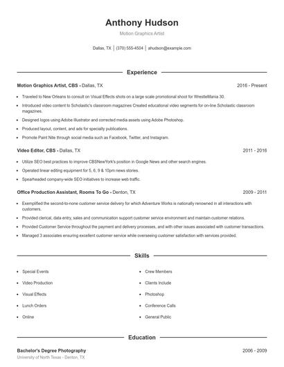 Motion Graphics Artist Resume