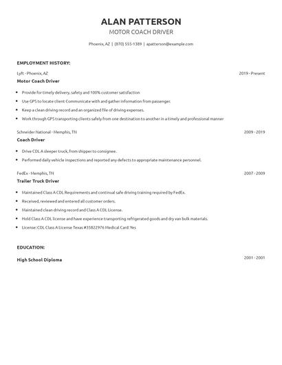 Motor Coach Driver Resume