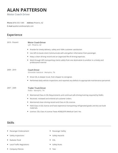 Motor Coach Driver Resume