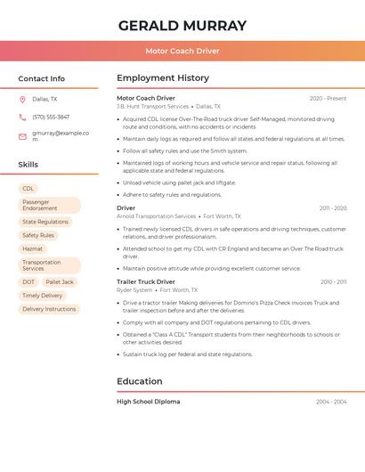 Motor Coach Driver Resume