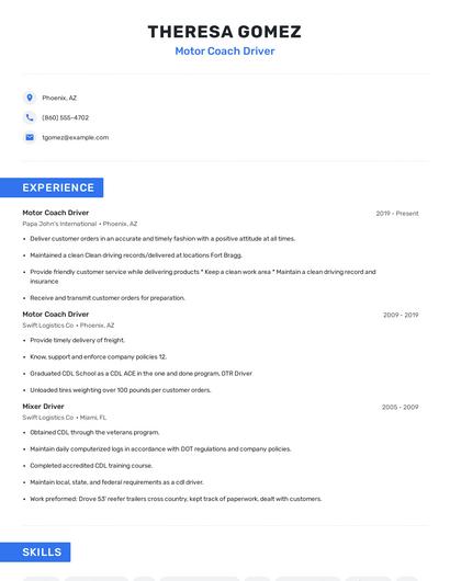 Motor Coach Driver Resume