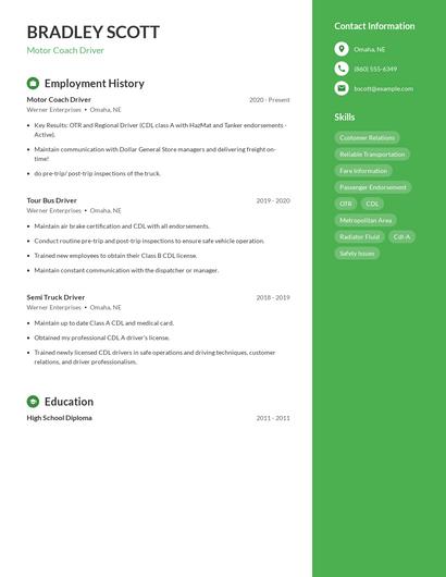 Motor Coach Driver Resume