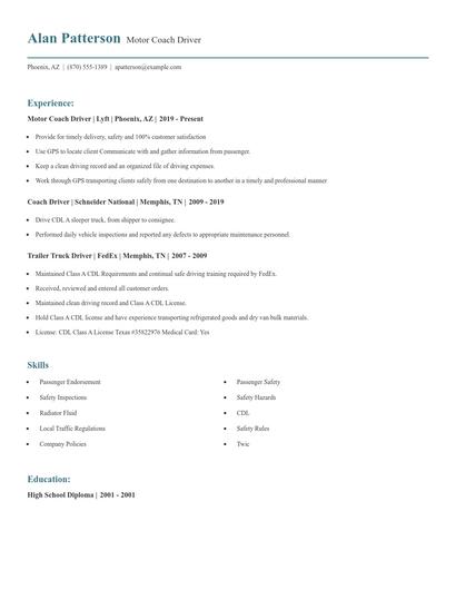 Motor Coach Driver Resume