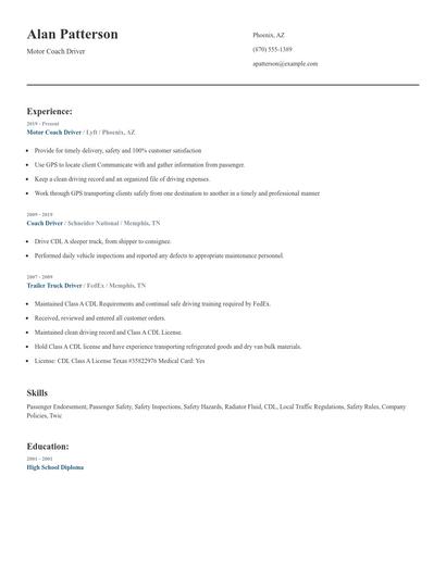 Motor Coach Driver Resume